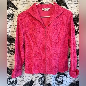 Samuel Dong, pink fitted jacket, double zipper, cuffed sleeves
